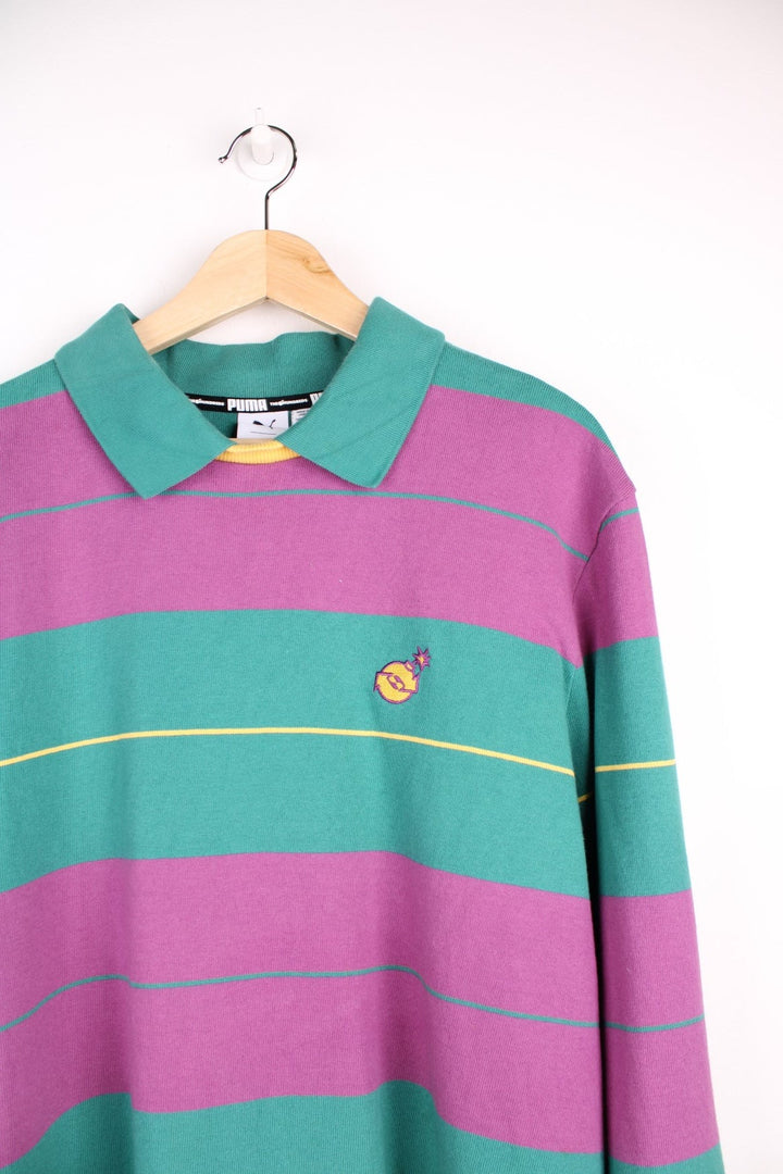 Puma x The Hundreds ltd. edition long sleeved rugby polo shirt with purple, yellow and green stripes. Embroidered logo on chest and puma logo on bottom hem.