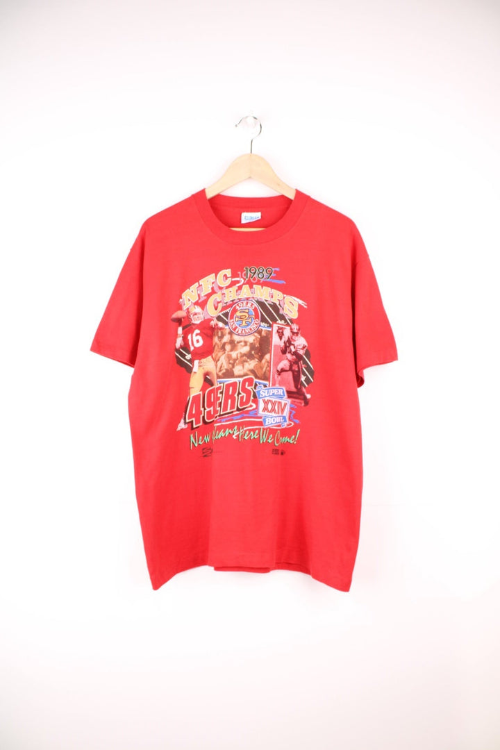 1989 San Francisco 49ers Super Bowl Champions T-Shirt in a red colourway with a big graphic print across the front. 