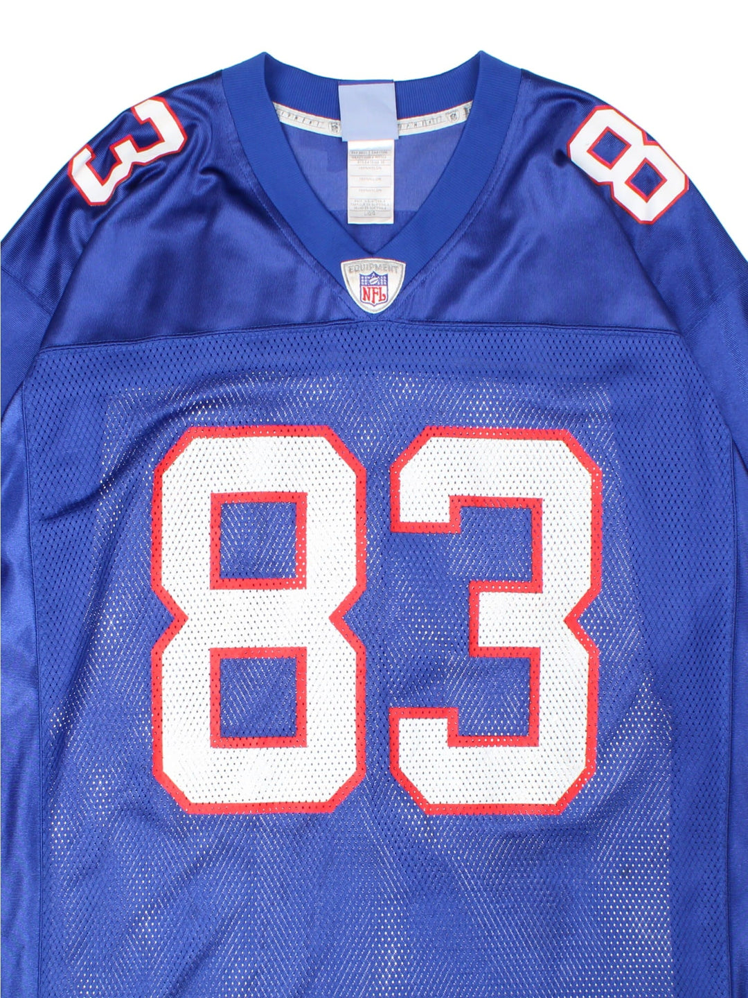 Buffalo Bills Signed Lee Evans NFL Jersey in the blue home kit colourway, features printed logo and badge on the front, and Evans number 83 signed on the back.