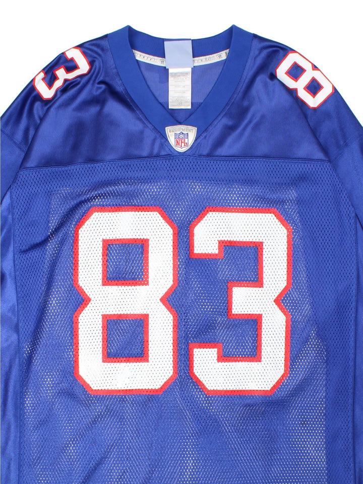 Buffalo Bills Signed Lee Evans NFL Jersey in the blue home kit colourway, features printed logo and badge on the front, and Evans number 83 signed on the back.