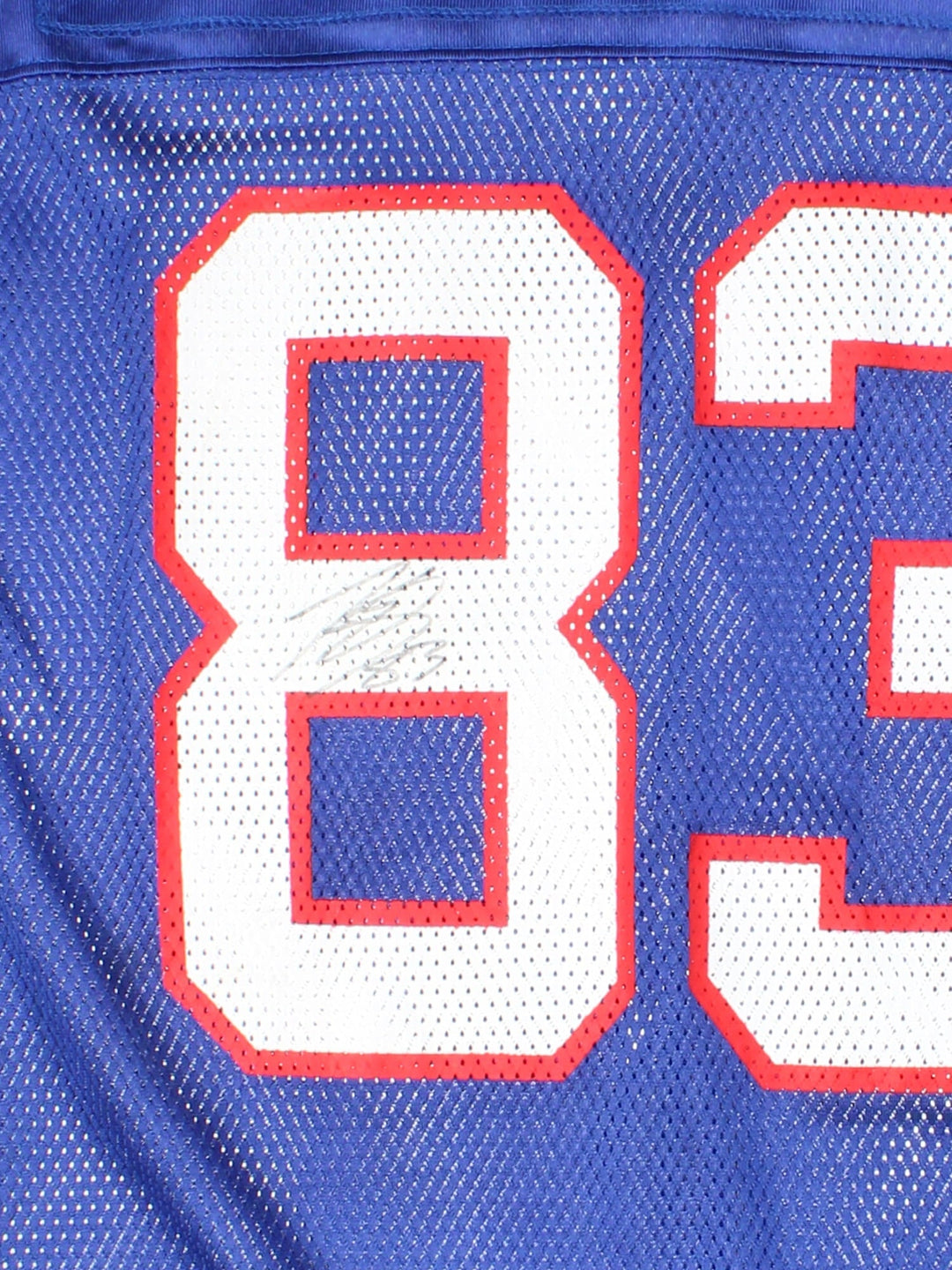 Buffalo Bills Signed Lee Evans NFL Jersey in the blue home kit colourway, features printed logo and badge on the front, and Evans number 83 signed on the back.