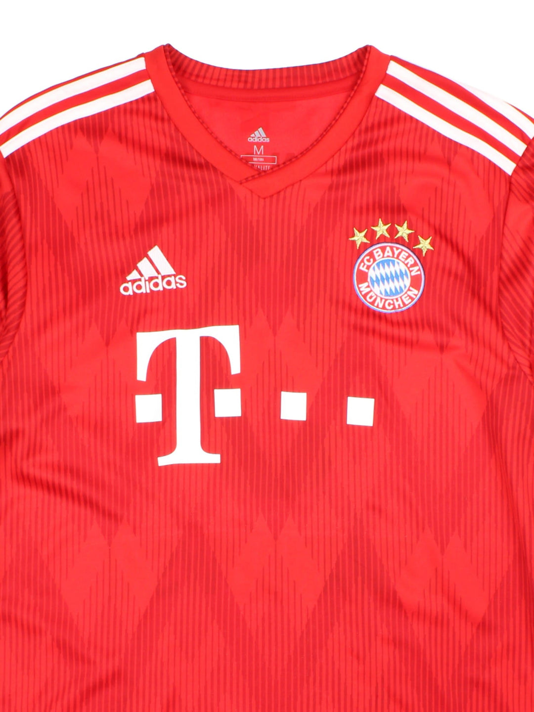Bayern Munich 2018/19 Adidas Football Shirt in the red home kit colourway, features embroidered logos and badge on the front, and Lewandowski number 9 on the back.