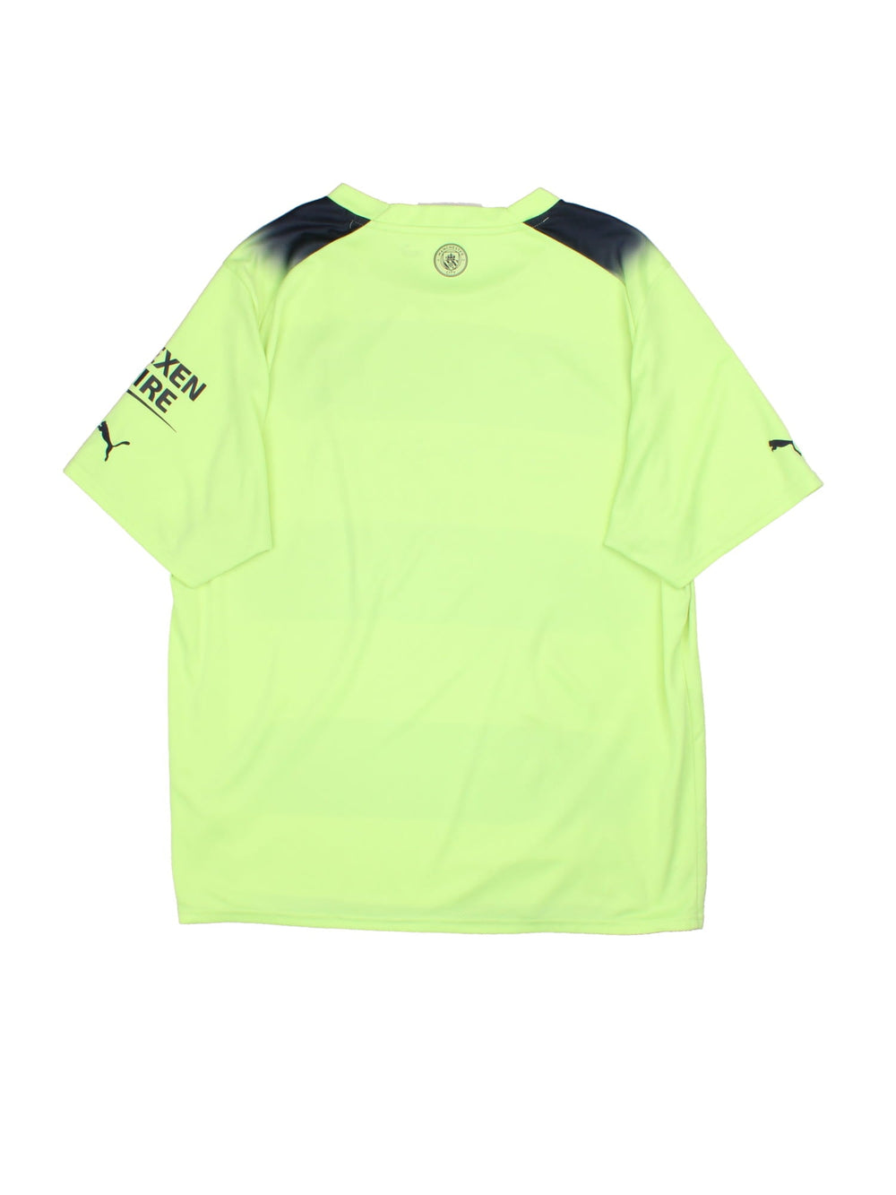 Manchester City 2022/23 Puma Football Shirt in the neon green green and black third kit colourway, features embroidered logos and badge on the front.
