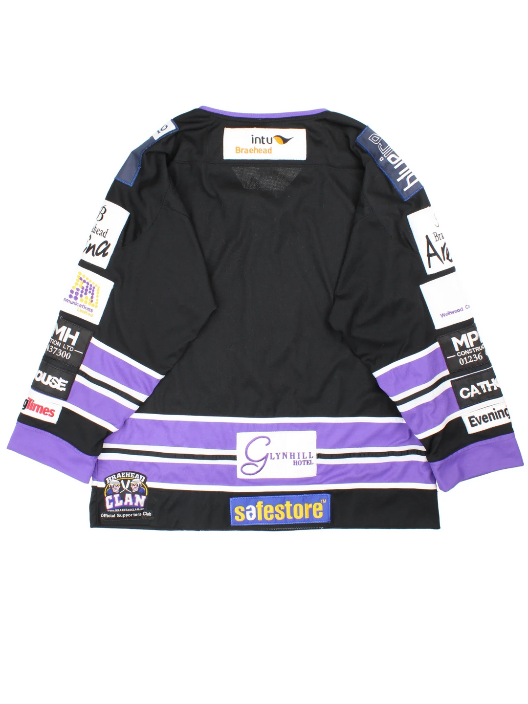 Vintage Braehead Glasgow Clan Ice Hockey Jersey in black/purple colourway, features V neckline, embroidered logos and badges embroidered on the front and back.