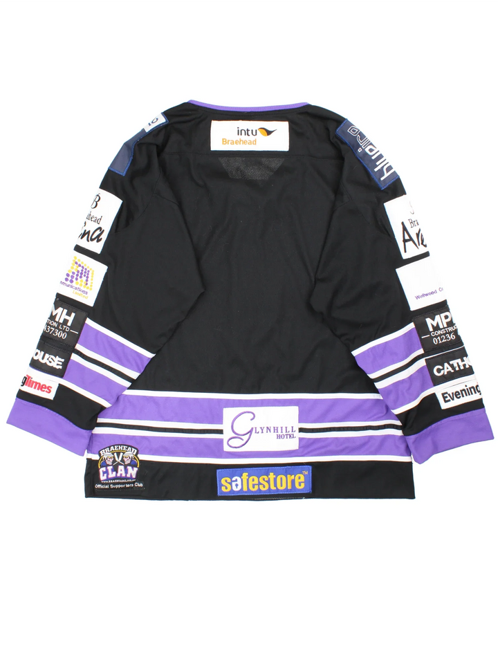 Vintage Braehead Glasgow Clan Ice Hockey Jersey in black/purple colourway, features V neckline, embroidered logos and badges embroidered on the front and back.