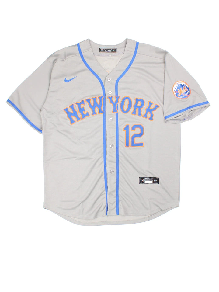 New York Mets Nike MLB Jersey in grey/blue colourway. Features button up closure with V neckline, embroidered logos and badges on the front and Lindor number 12 on the back.