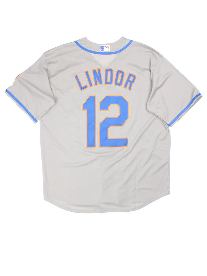 New York Mets Nike MLB Jersey in grey/blue colourway. Features button up closure with V neckline, embroidered logos and badges on the front and Lindor number 12 on the back.