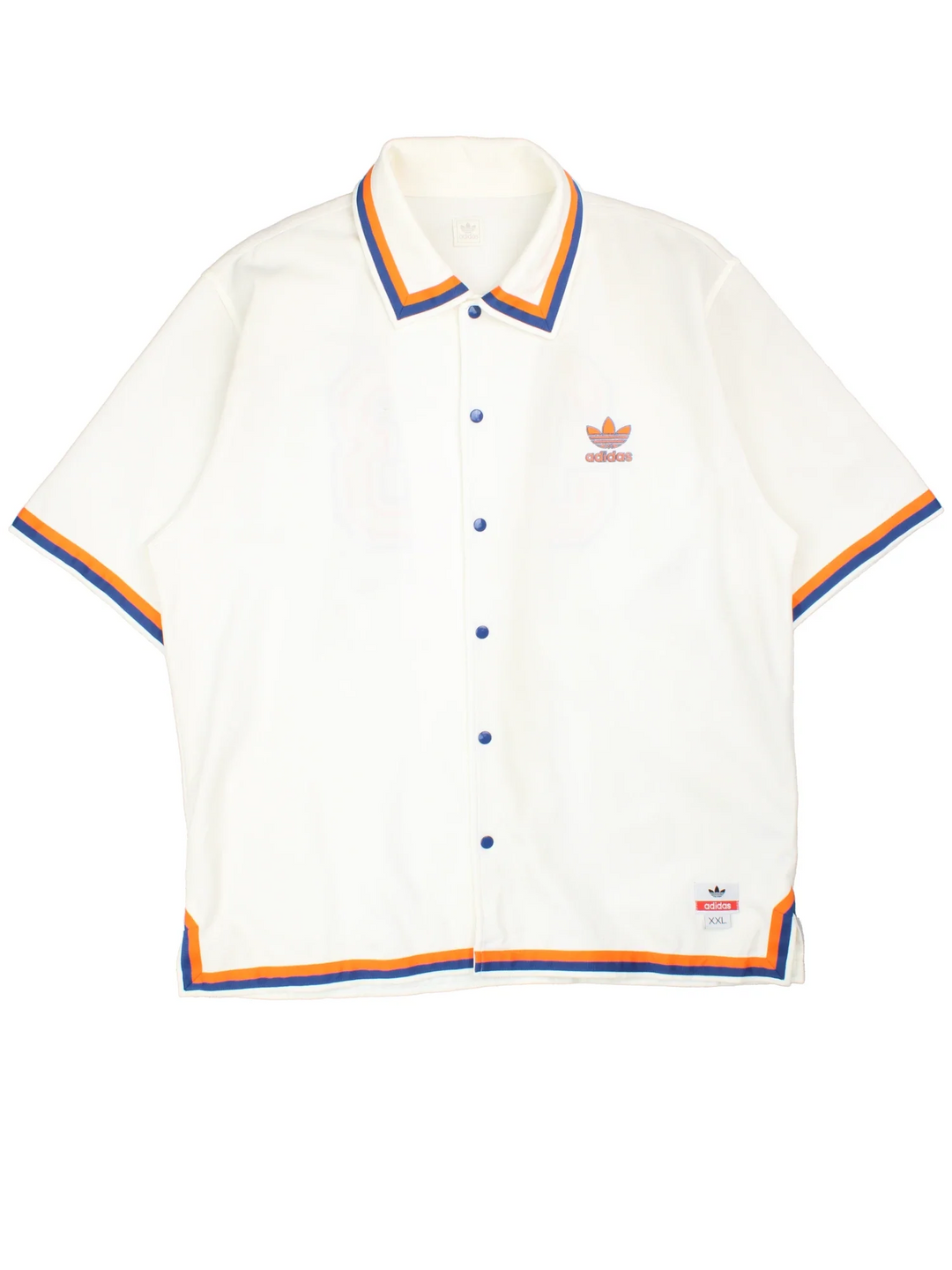Adidas Patrick Ewing NBA Warm Up Shirt in white colourway. Features button up fastening, contrast collar/trims and embroidered logos on the front and number 33 on the back.