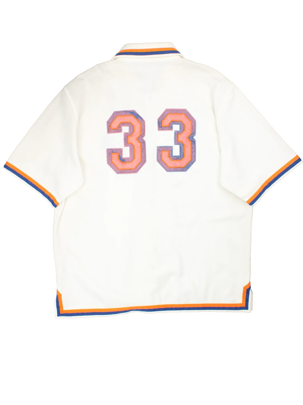 Adidas Patrick Ewing NBA Warm Up Shirt in white colourway. Features button up fastening, contrast collar/trims and embroidered logos on the front and number 33 on the back.