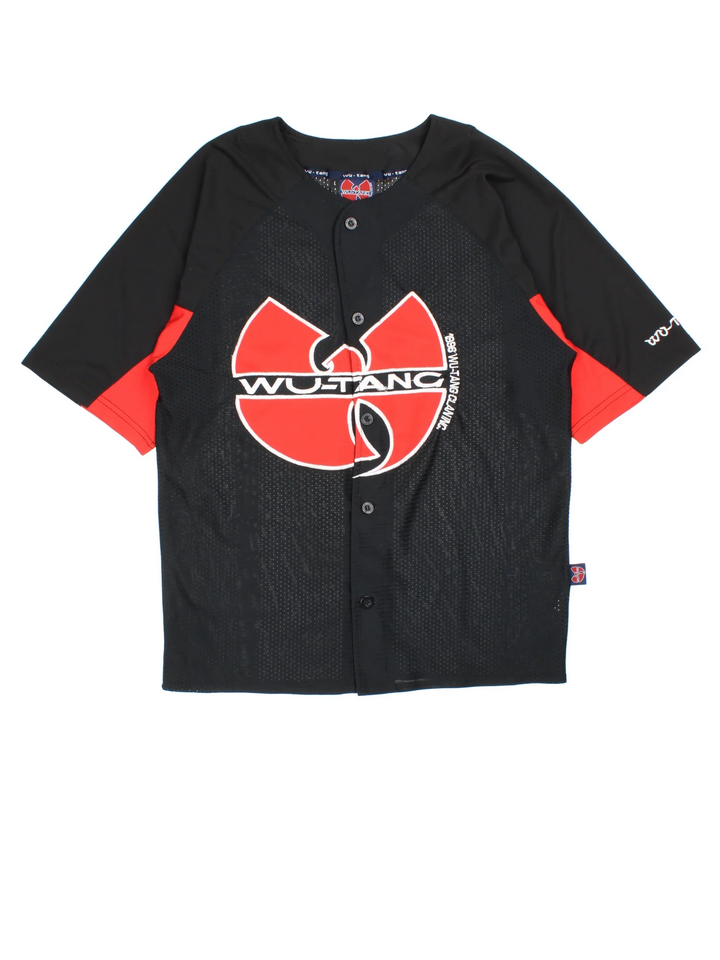 Vintage 1996 Wu-Tang Clan Baseball Jersey in black/red colourway. Features button up fastening and embroidered logos on the front/sleeve.