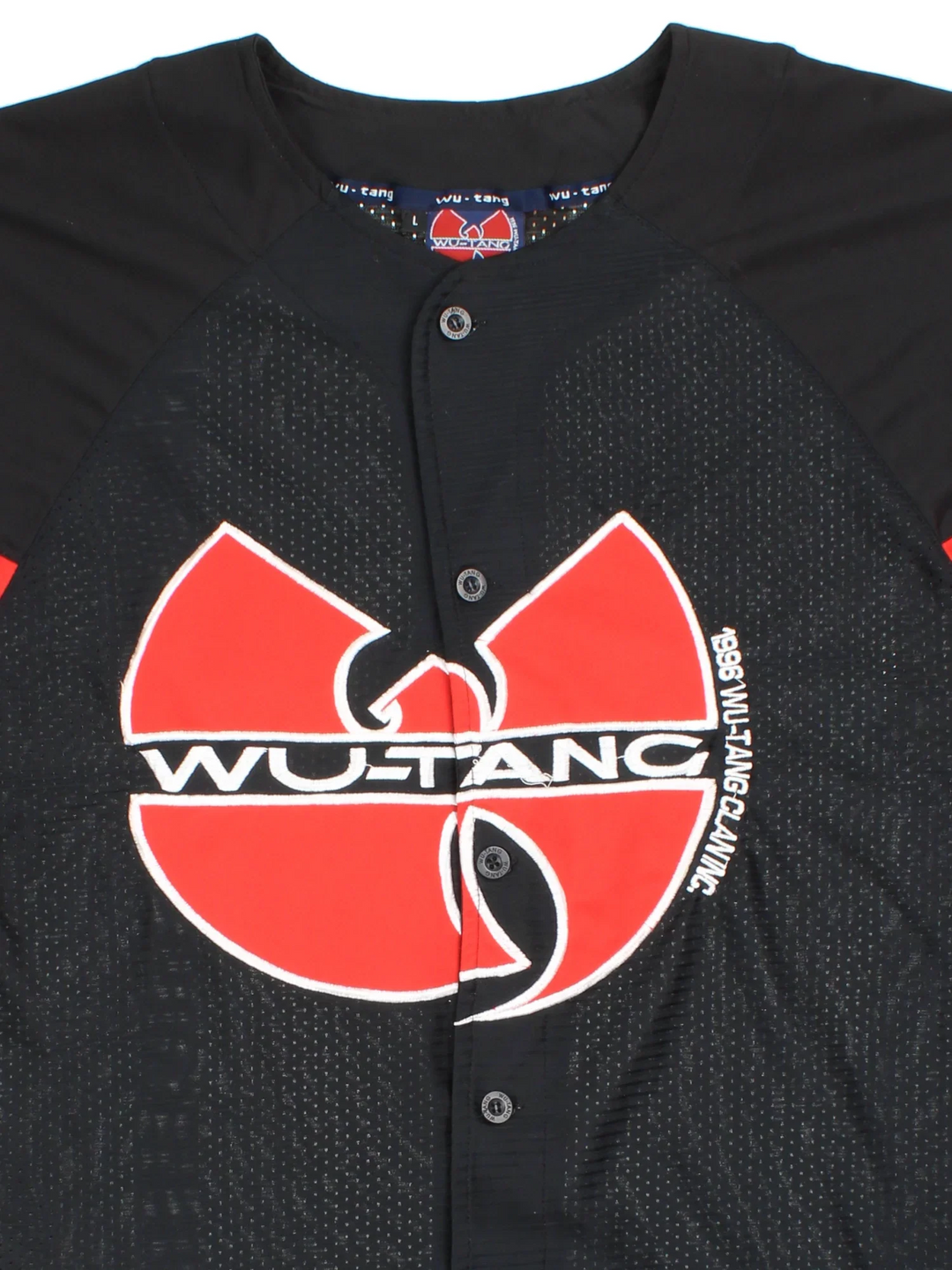 Vintage 1996 Wu-Tang Clan Baseball Jersey in black/red colourway. Features button up fastening and embroidered logos on the front/sleeve.
