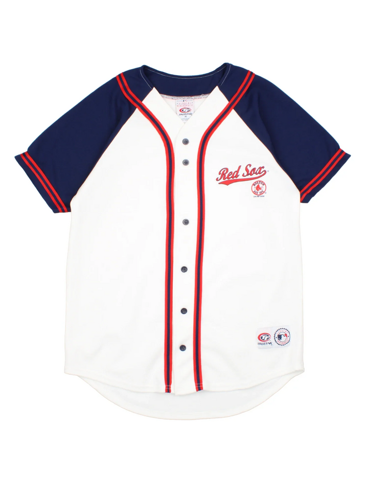 Boston Red Sox MLB Baseball Jersey in the white home kit colourway, features blue sleeve detailing and red trim on the front. Full classic button up and logo on the chest.