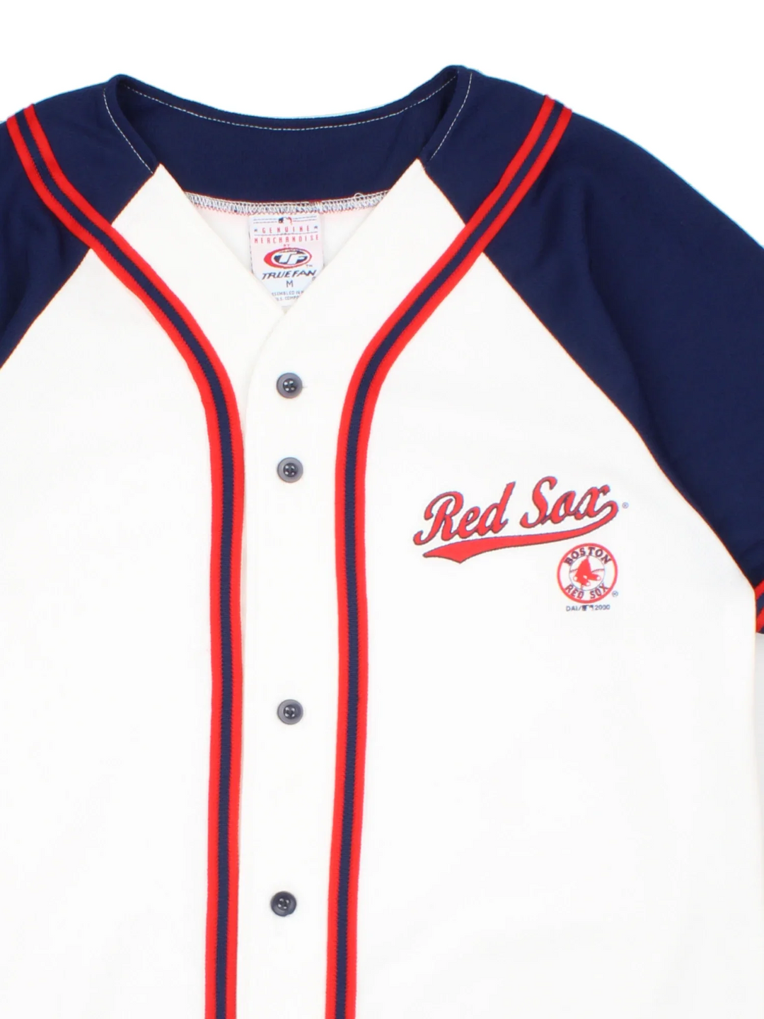 Boston Red Sox MLB Baseball Jersey in the white home kit colourway, features blue sleeve detailing and red trim on the front. Full classic button up and logo on the chest.