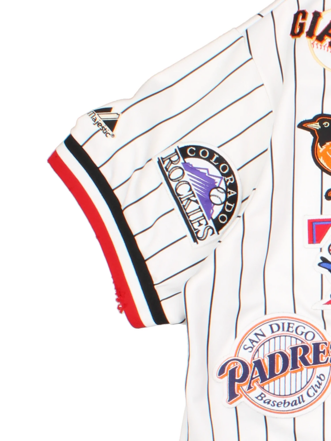 2003 All Star MLB Majestic Baseball Jersey in a white colourway, features embroidered team logo's and patches all over and classic sleeve and stripe detailing.
