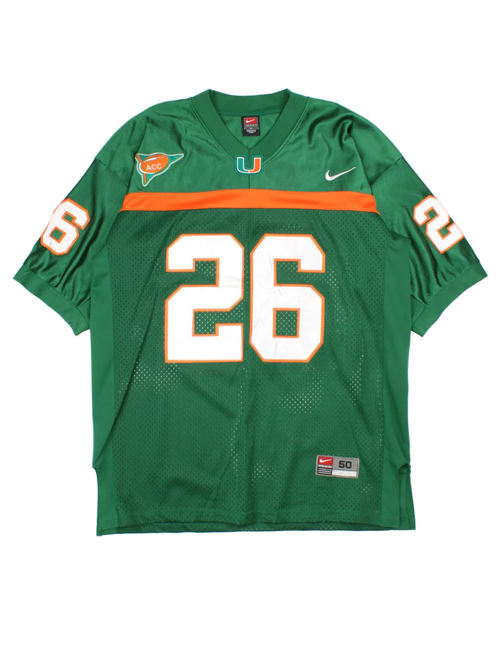 Miami Hurricanes Nike NCAA Football Jersey in a green colourway, features embroidered logos and badge on the front and player name TAYLOR #26 on the back.