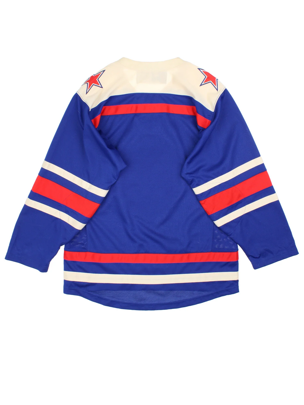 SKA St.Petersburg Vintage Ice Hockey Jersey in a blue colourway with red and white stripe detailing. Features embroidered logos and badge on the front with lace up around the collar.