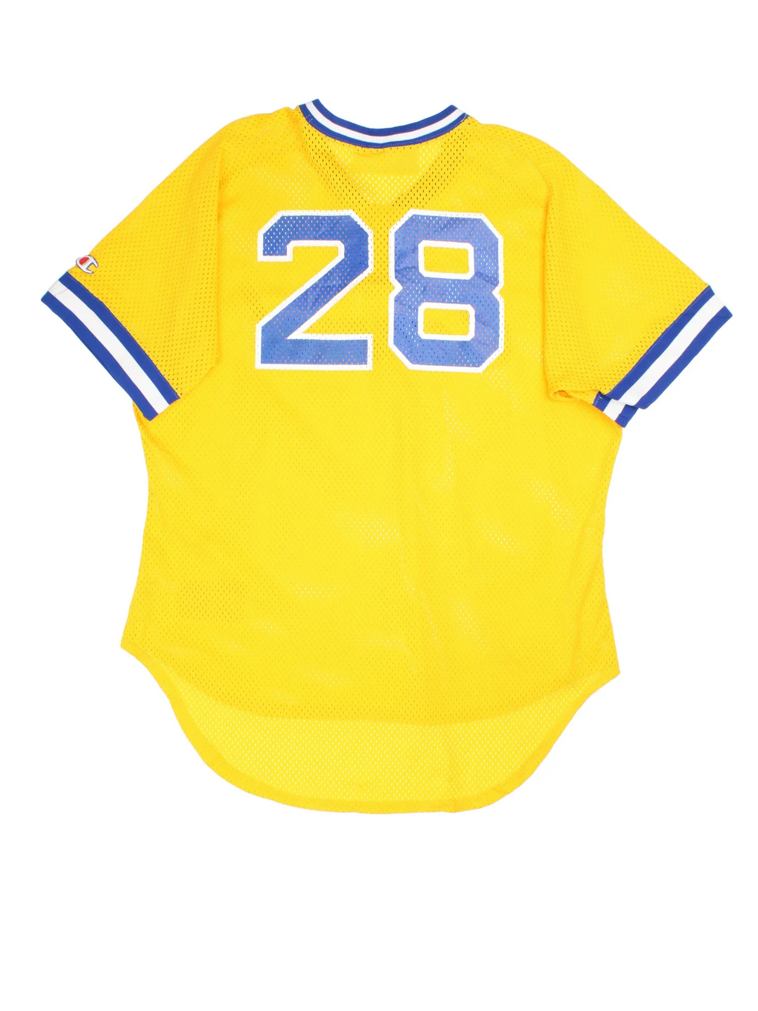 Vintage Champion Carmel Baseball Jersey in the yellow kit colourway, features printed logo and the number 28 on the back.
