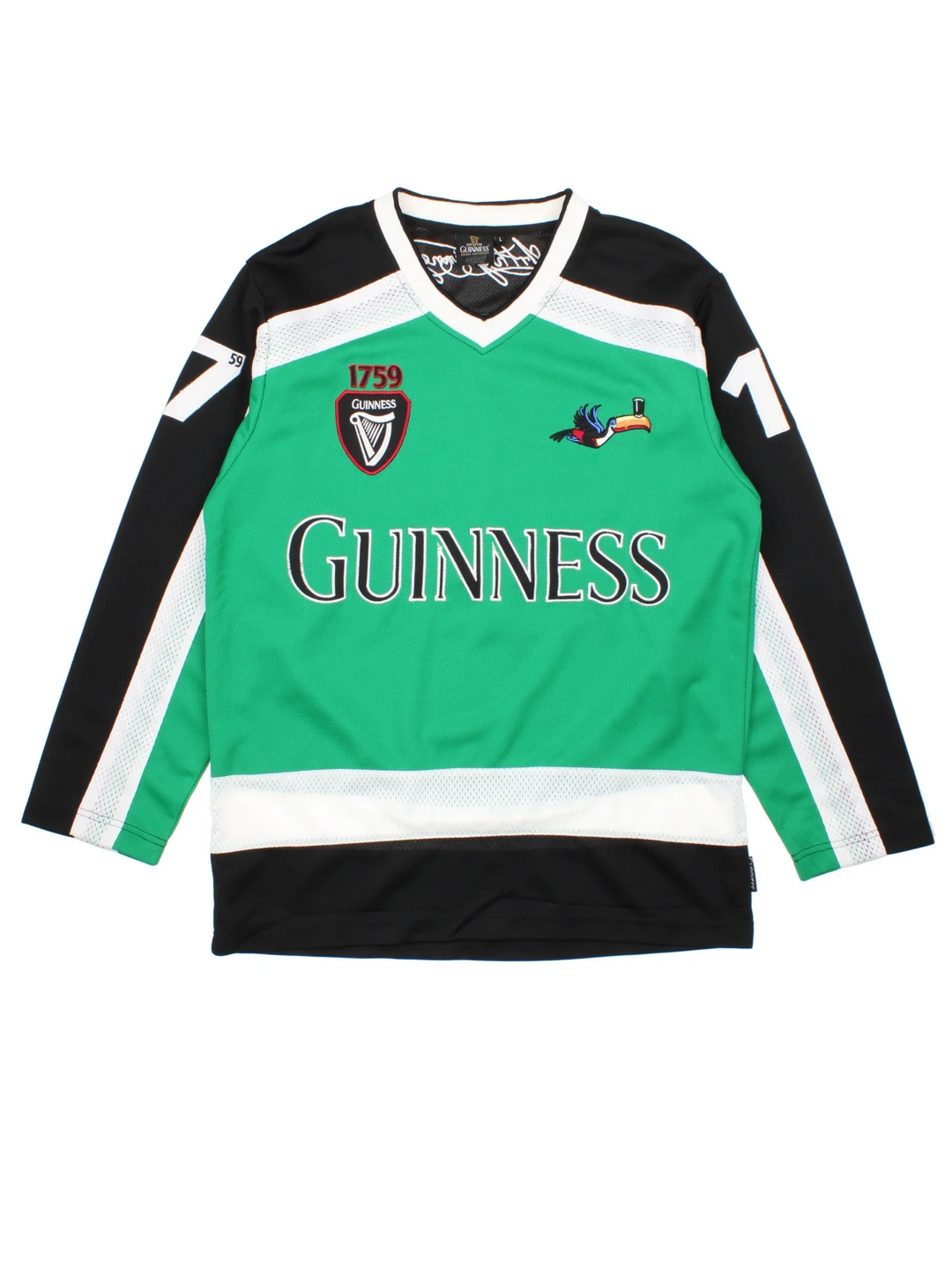 Vintage Guinness 1759 Hockey Jersey in a  green colourway, features embroidered logos and badge on the front,  black and white stripe detailing and large number on the back.