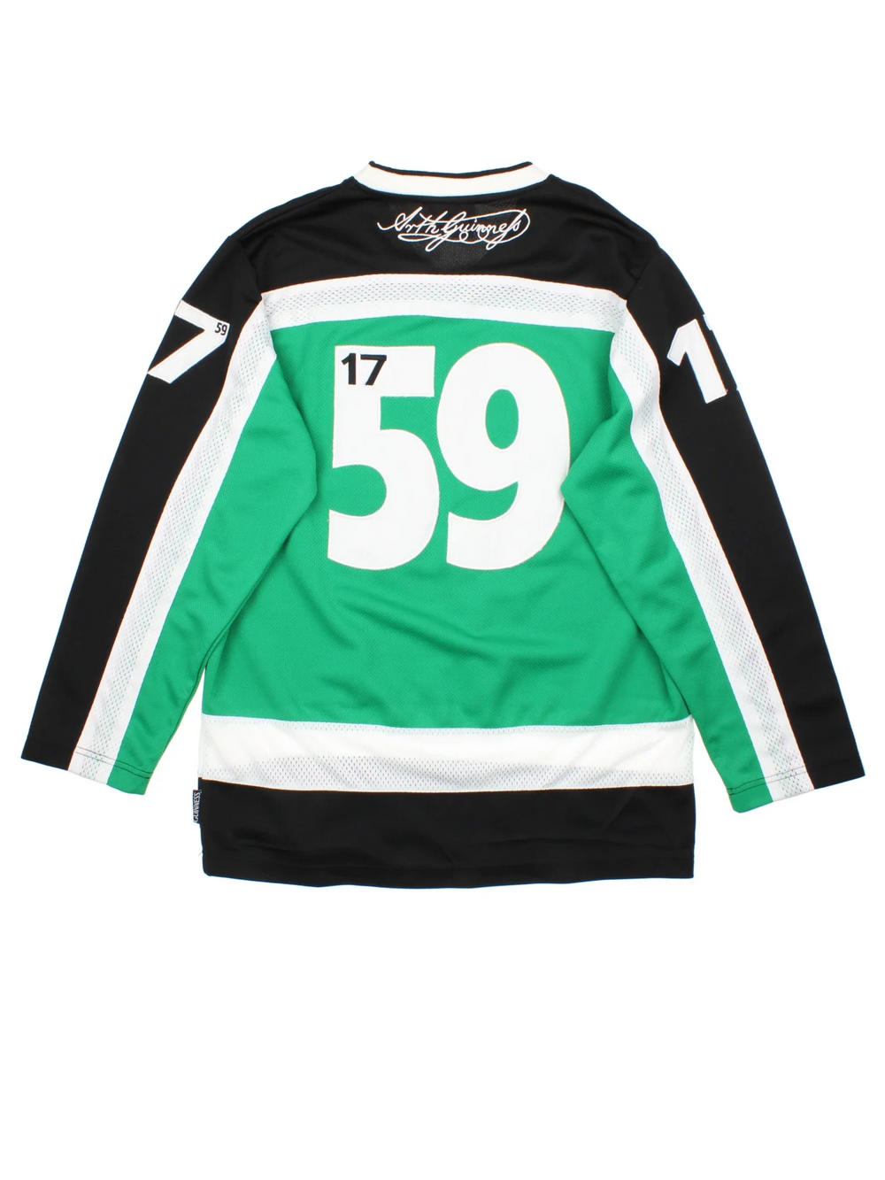 Vintage Guinness 1759 Hockey Jersey in a  green colourway, features embroidered logos and badge on the front,  black and white stripe detailing and large number on the back.