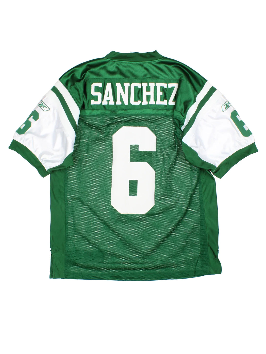 New York Jets Reebok NFL Jersey in a green colourway, features logos and number on the front with white stripe detailing on the sleeves and player name SANCHEZ #6 on the back.