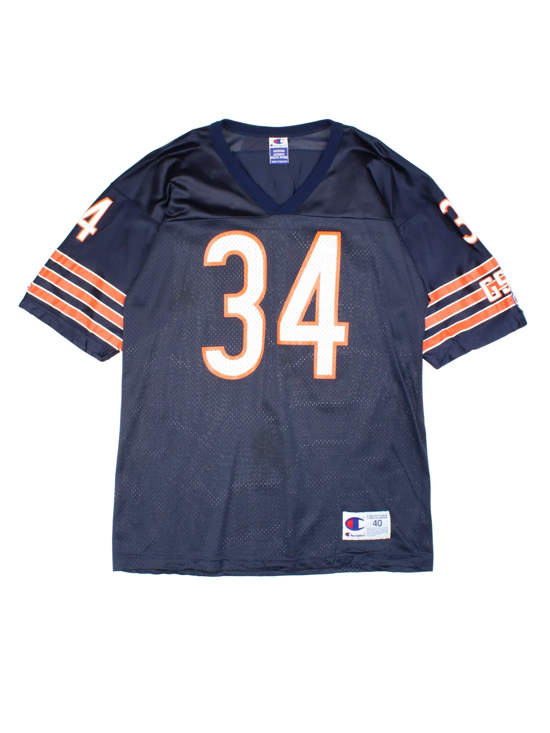 Chicago Bears Champion NFL Jersey in a blue colourway, features logos and number on the front with orange stripe detailing on the sleeves and player name PAYTON #34 on the back.