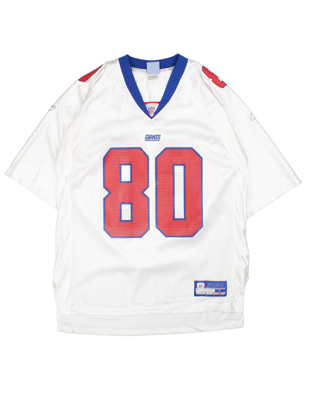 New York Giants Reebok NFL Jersey in a white colourway, features logos and number on the front with blue detailing on the collar and player name SHOCKEY #80 on the back.