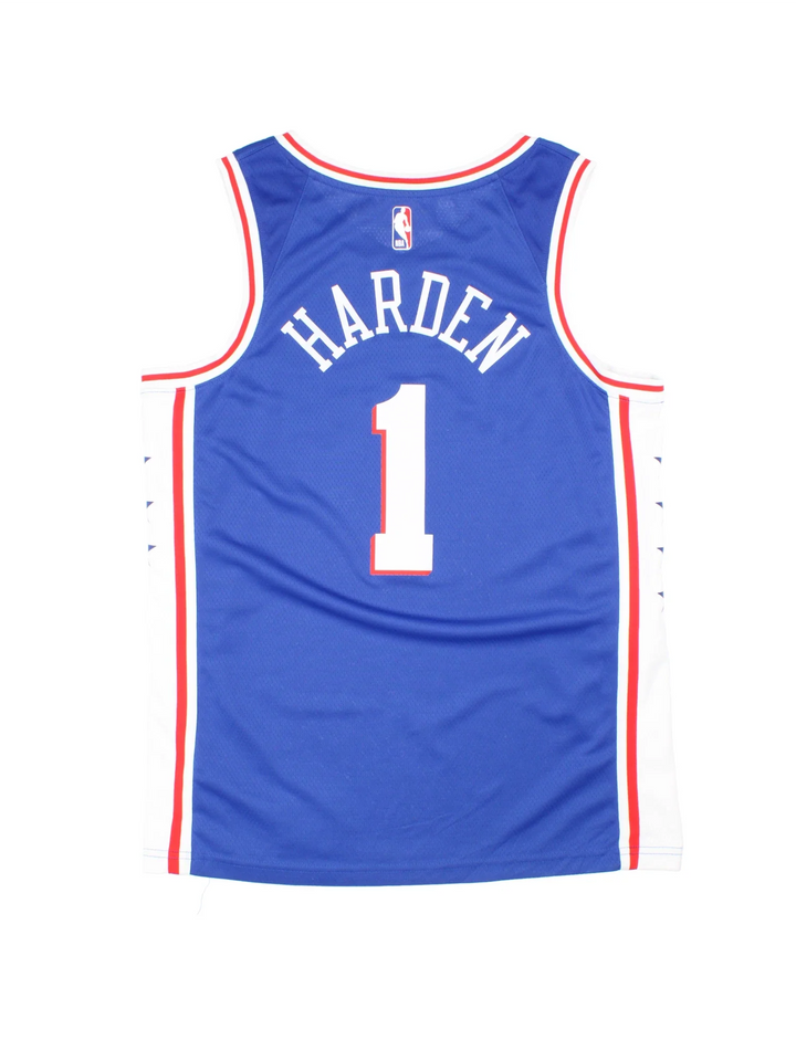 Philadelphia 76ers Nike NBA Jersey in the blue home kit colourway, features printed logos and badge on the front and player name HARDEN #1 on the back.