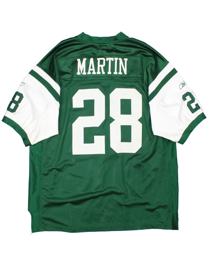 New York Jets Reebok NFL Jersey in the green home kit colourway with white sleeve detailing, features embroidered logos and badge on the front and player name MARTIN #28 on the back.