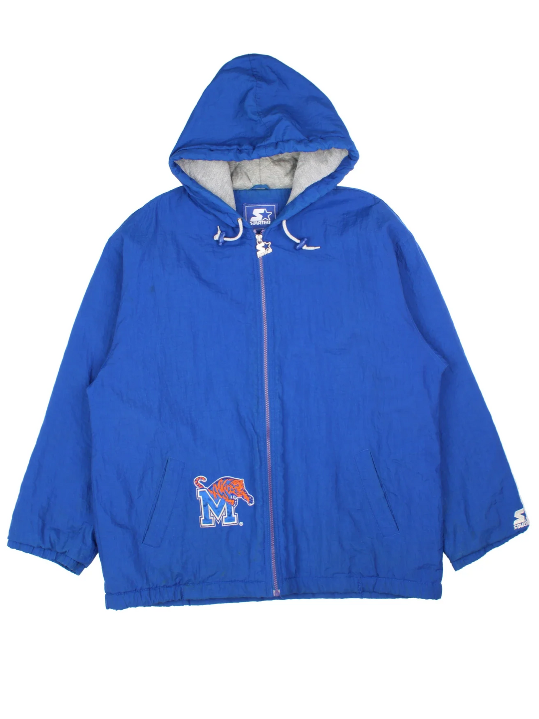 Memphis Tigers Starter College Jacket in a blue colourway with full zip and small logo on the front. Drawstring hood and a large logo on the back.