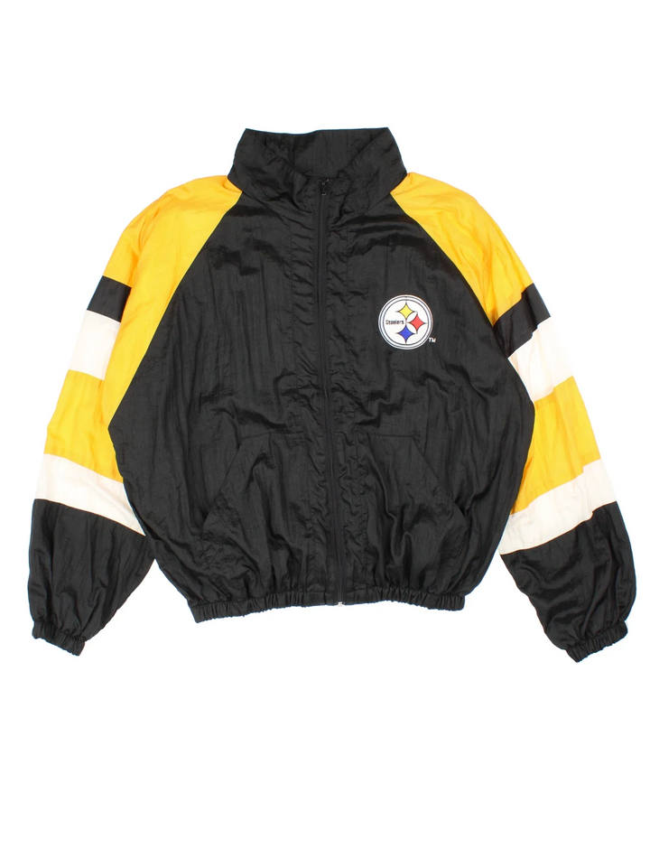 Pittsburgh Steelers NFL Shell Jacket in a black colourway with yellow and white panelling. Full zip up and pockets, with small classic logo on the front and large logo on the back.