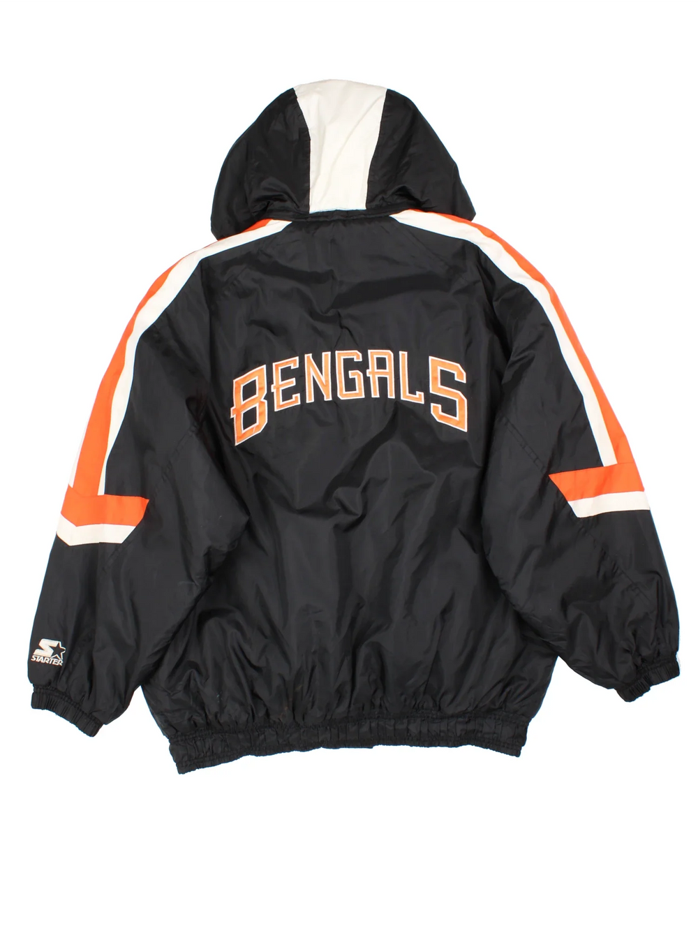 Cincinnati Bengals Starter NFL Jacket in a black colourway with orange panelling. Full zip and button up, small logo on the front. Drawstring hood and a large text logo on the back.