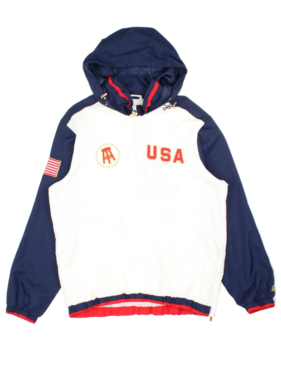 Team USA Starter Pullover Jacket in a white colourway with blue pannelling on the sleeves and shoulders. 1/4 zip up with large front pocket, small logo's on the front and large Starter logo on the back. 