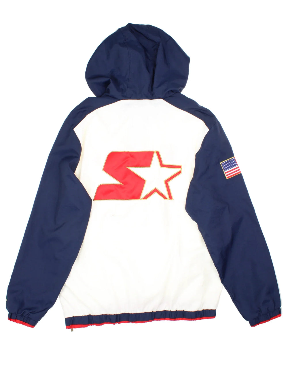 Team USA Starter Pullover Jacket in a white colourway with blue pannelling on the sleeves and shoulders. 1/4 zip up with large front pocket, small logo's on the front and large Starter logo on the back. 