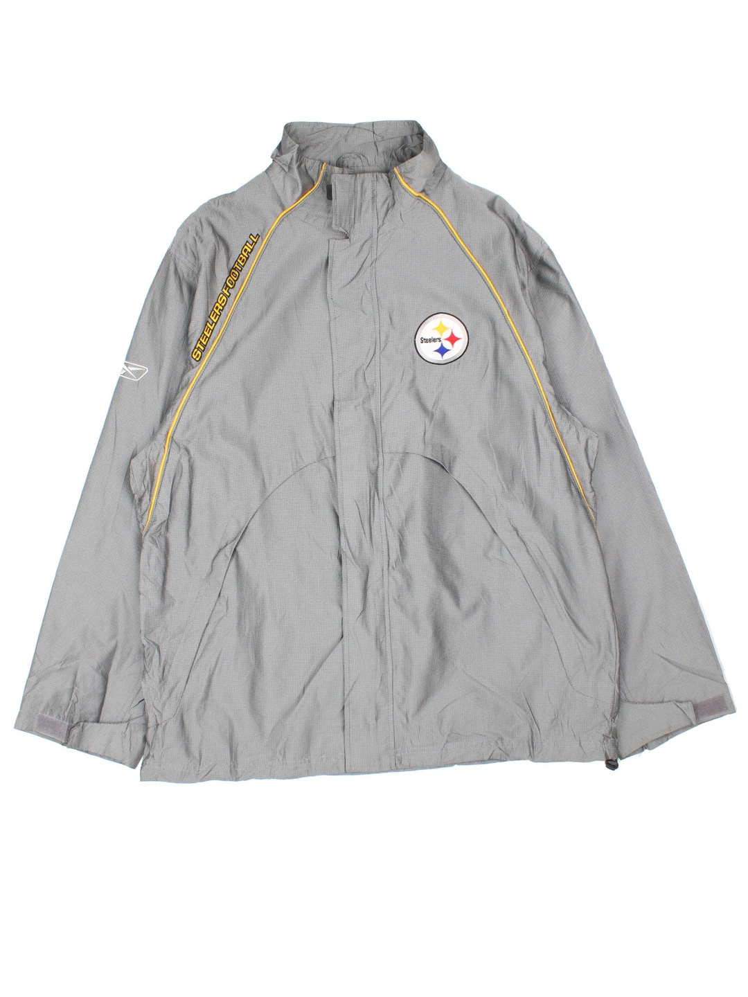Reebok Pittsburgh Steelers Jacket in a grey colourway with yellow trim detailing, Full zip up with multiple pockets. Small logo's on the front and sleeves.