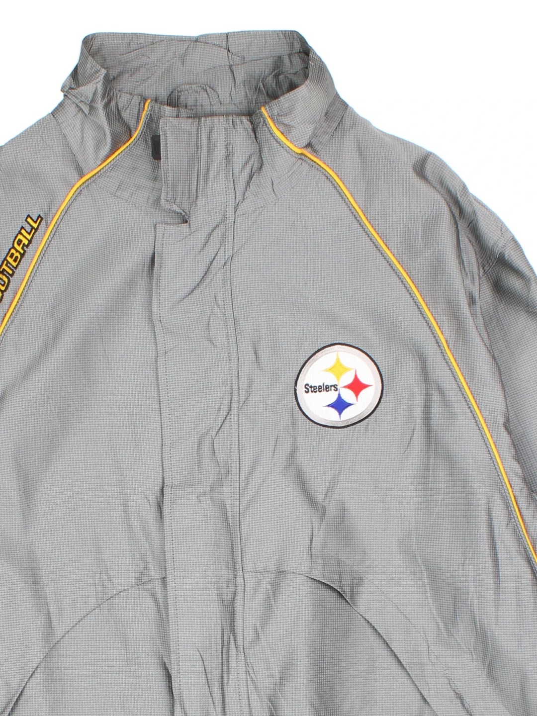 Reebok Pittsburgh Steelers Jacket in a grey colourway with yellow trim detailing, Full zip up with multiple pockets. Small logo's on the front and sleeves.