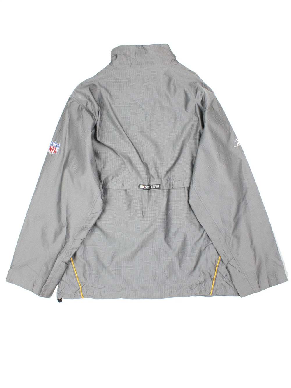 Reebok Pittsburgh Steelers Jacket in a grey colourway with yellow trim detailing, Full zip up with multiple pockets. Small logo's on the front and sleeves.