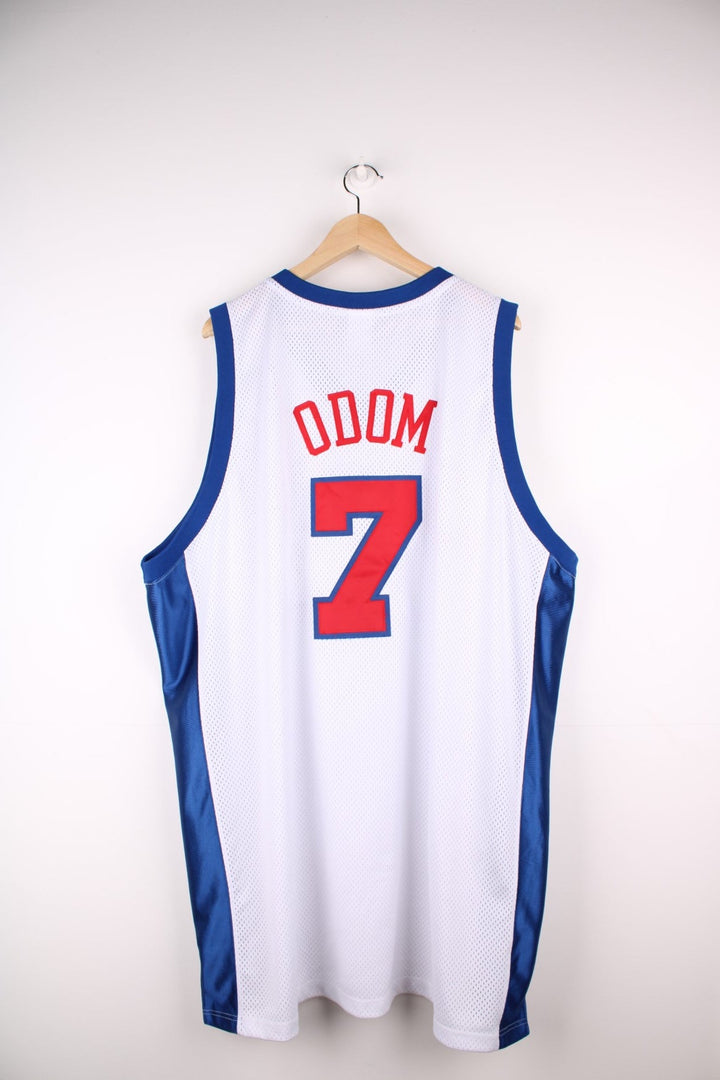LA Clippers NBA jersey in white with blue and red accents, multiple embroidered logos, and no.7 Odom on the back.