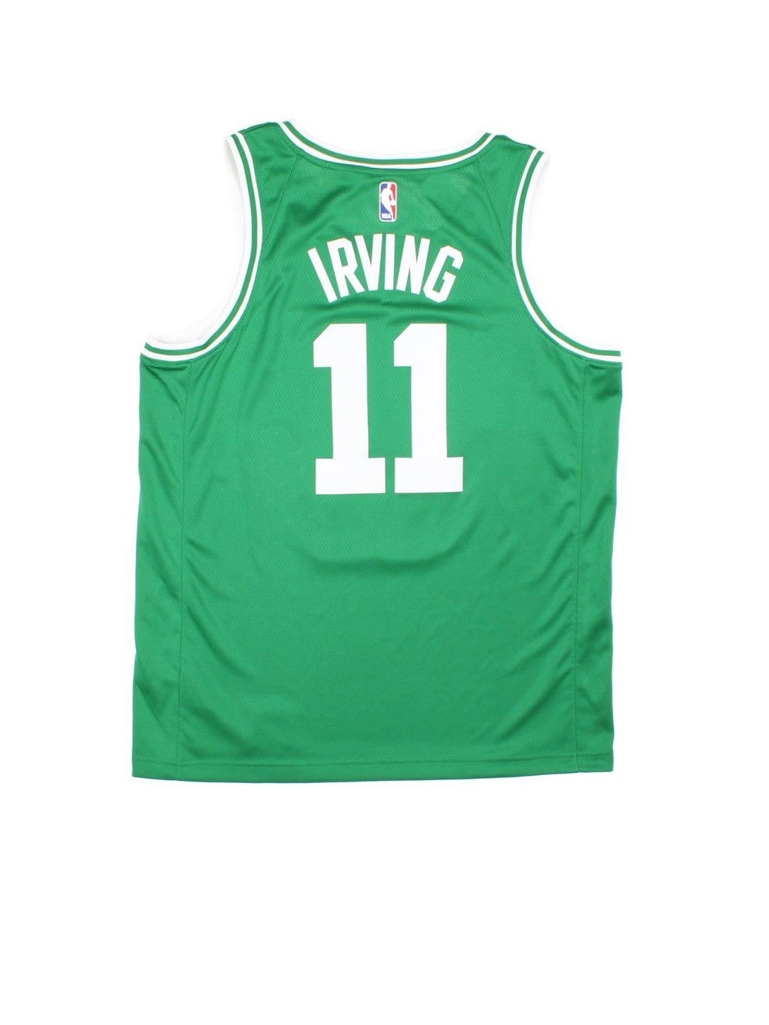 Kyrie Irving Boston Celtics Nike NBA Jersey in green colourway, features embroidered logos and badge on front and back.