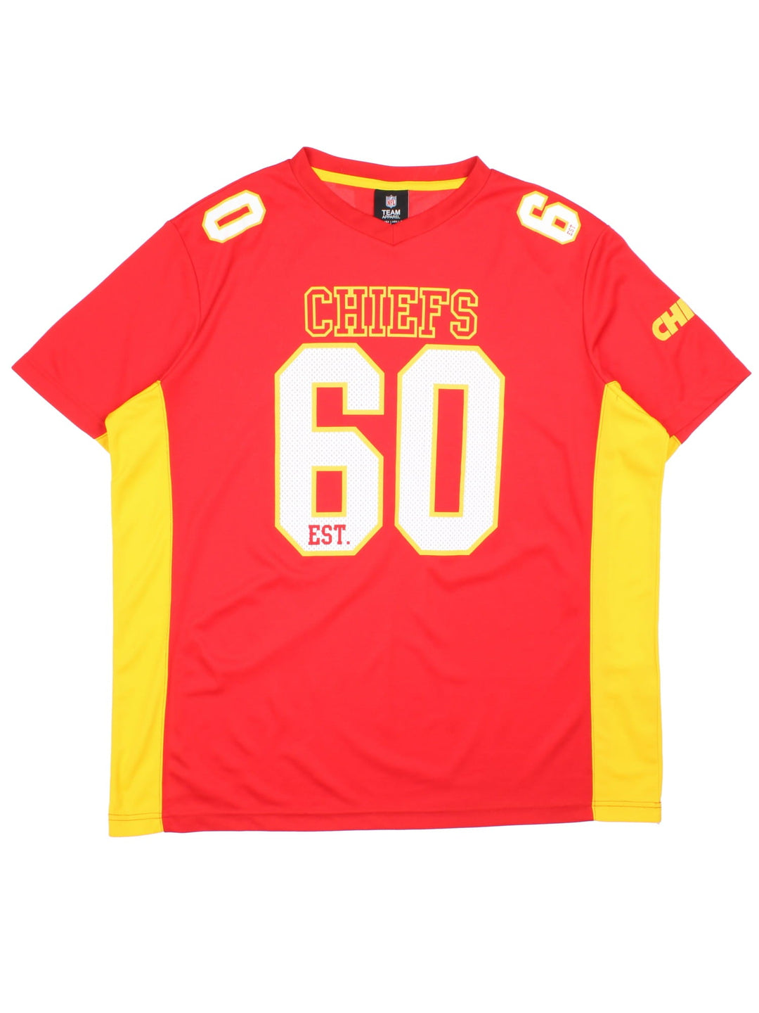 Kansas City Chiefs NFL Jersey in red colourway, features printed logos on front and sleeve.