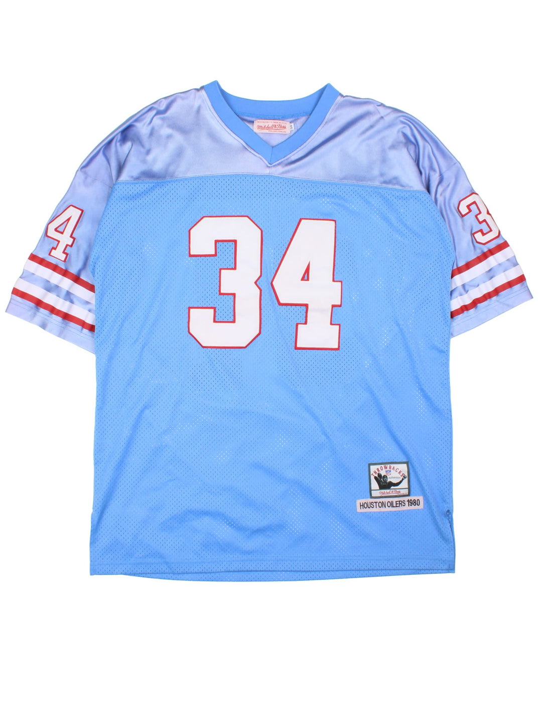80's Mitchell & Ness Houston Oilers NFL Jersey in blue colourway, features embroidered logos on front and back.