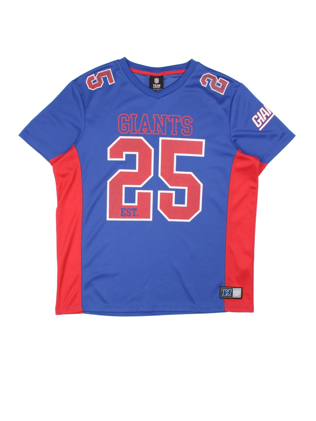 New York Giants NFL Jersey in blue colourway, features printed logos on front and sleeve.