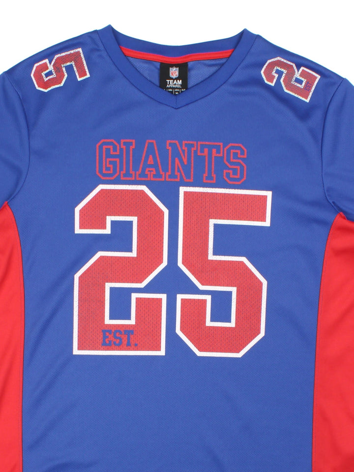 New York Giants NFL Jersey in blue colourway, features printed logos on front and sleeve.