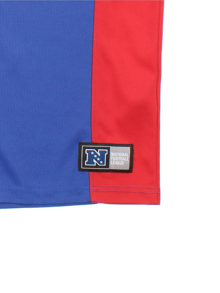 New York Giants NFL Jersey in blue colourway, features printed logos on front and sleeve.