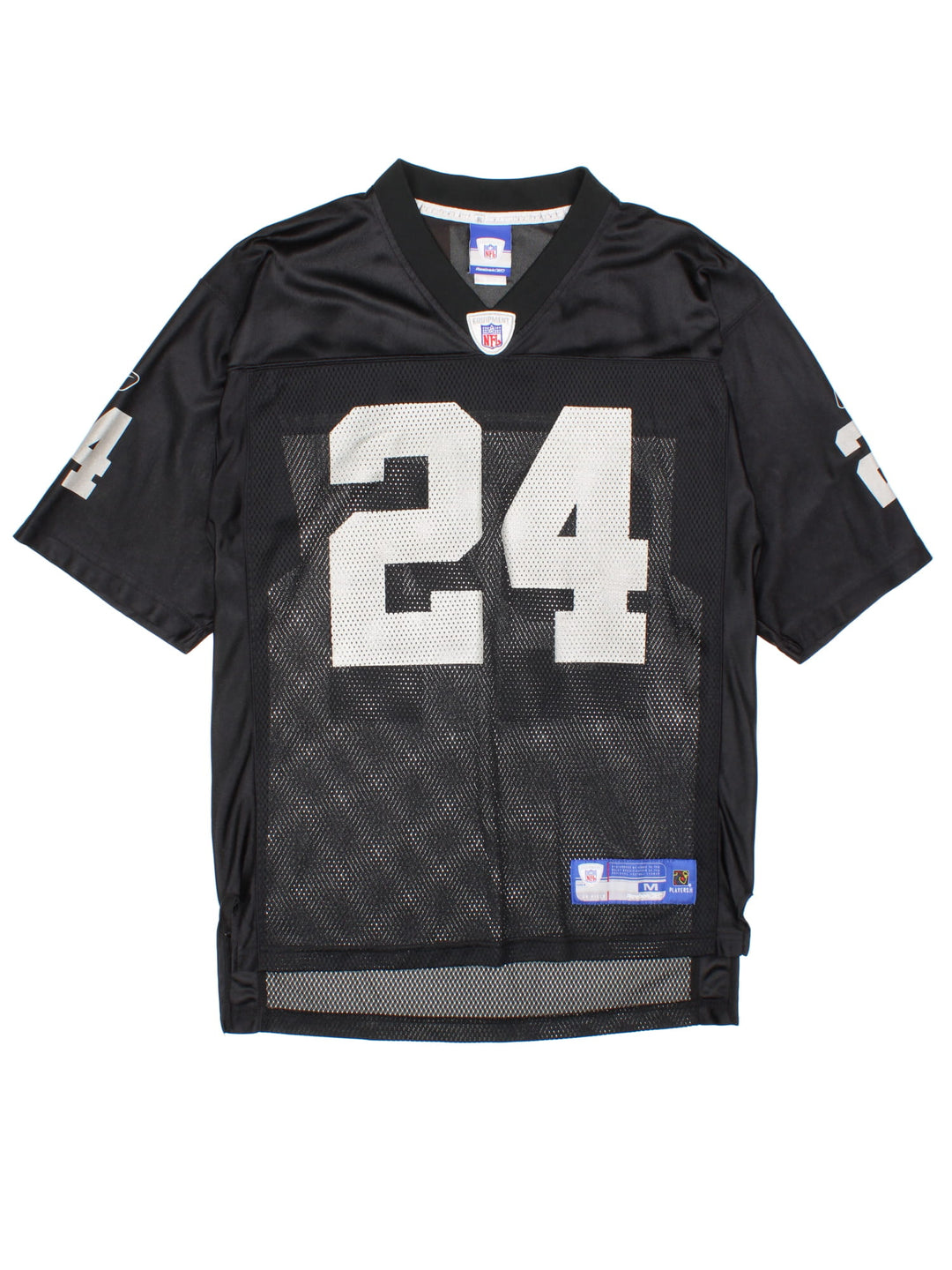 Oakland Raiders Woodson Reebok Jersey in black colourway, features printed logos on front and back.