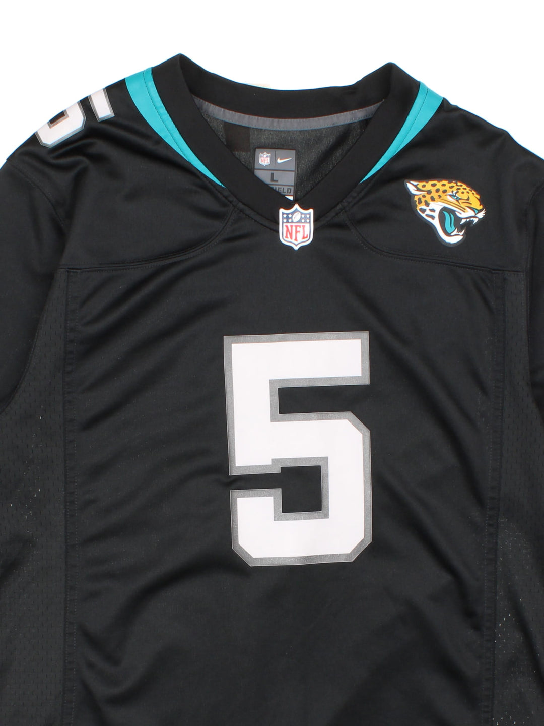 Jacksonville Jaguars Bortles Nike Jersey in black colourway, features printed logos on front and back.