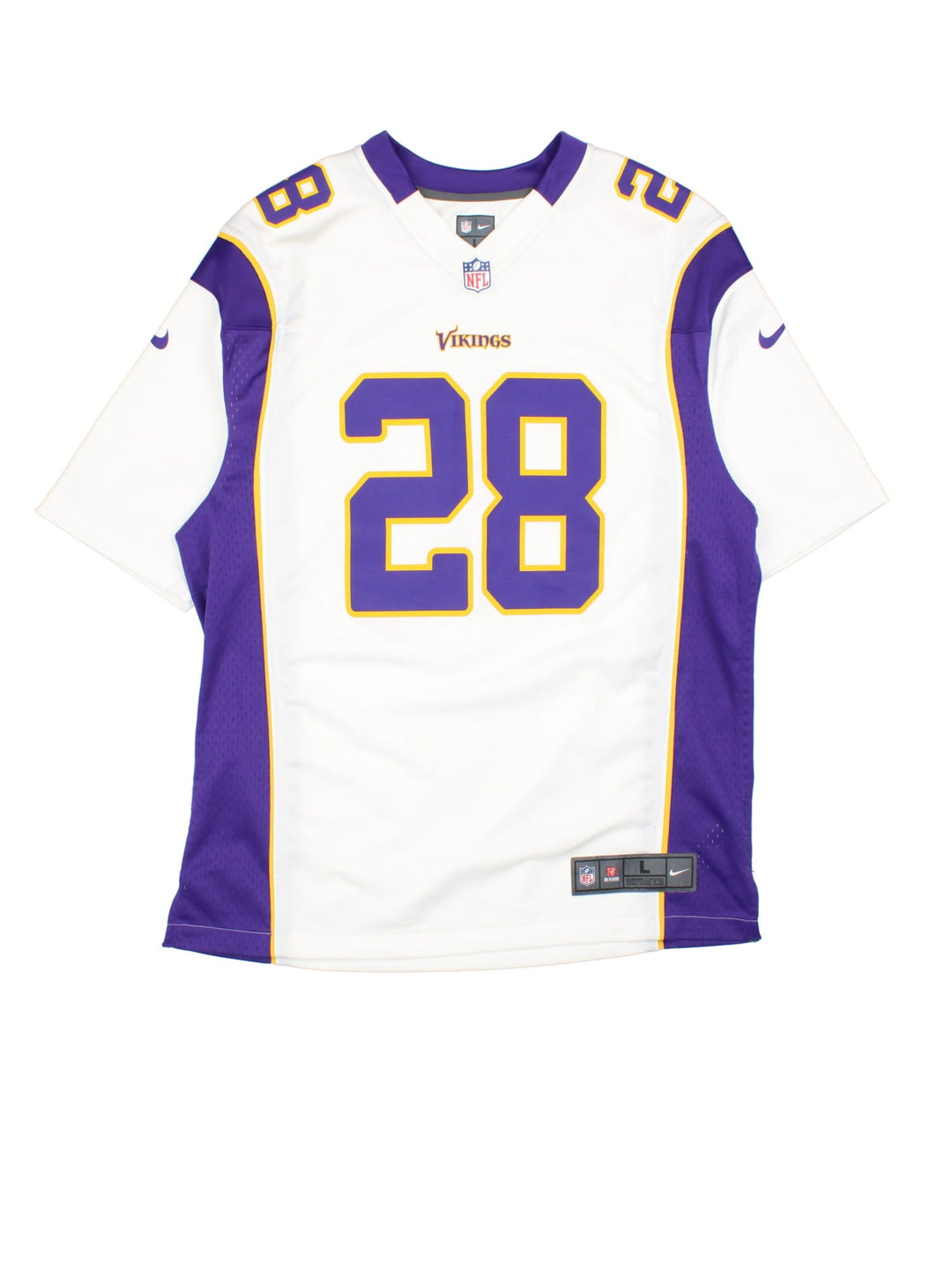 Minnesota Vikings Peterson Nike Jersey in white colourway, features printed logos on front and back.