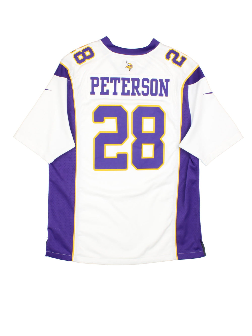 Minnesota Vikings Peterson Nike Jersey in white colourway, features printed logos on front and back.