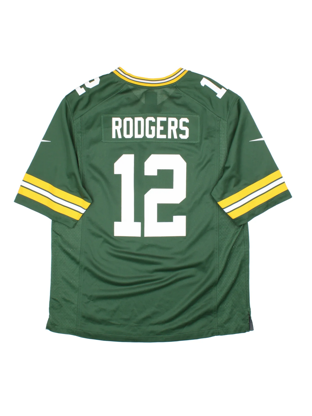 Green Bay Packers Nike NFL Jersey in the green home kit colourway, features RODGERS #29 on the back and classic yellow trim around the collar and sleeves.