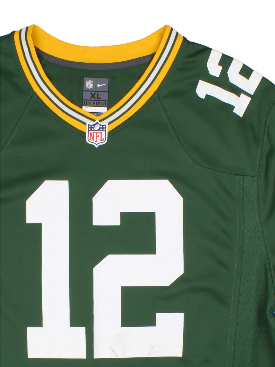 Green Bay Packers Nike NFL Jersey in the green home kit colourway, features RODGERS #29 on the back and classic yellow trim around the collar and sleeves.