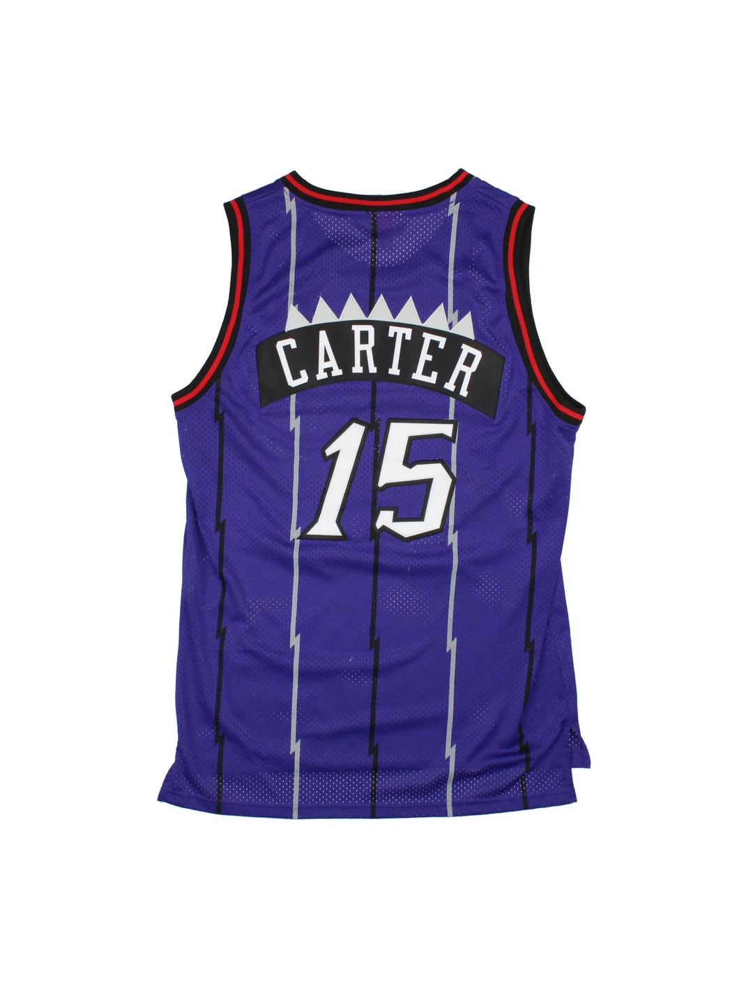 Toronto Raptors Vintage 1998-99 Vince Carter Hardwood Classics NBA Jersey in the purple colourway with black and red detailing, features embroidered raptor logo and badge on the front and CARTER #15 on the back.